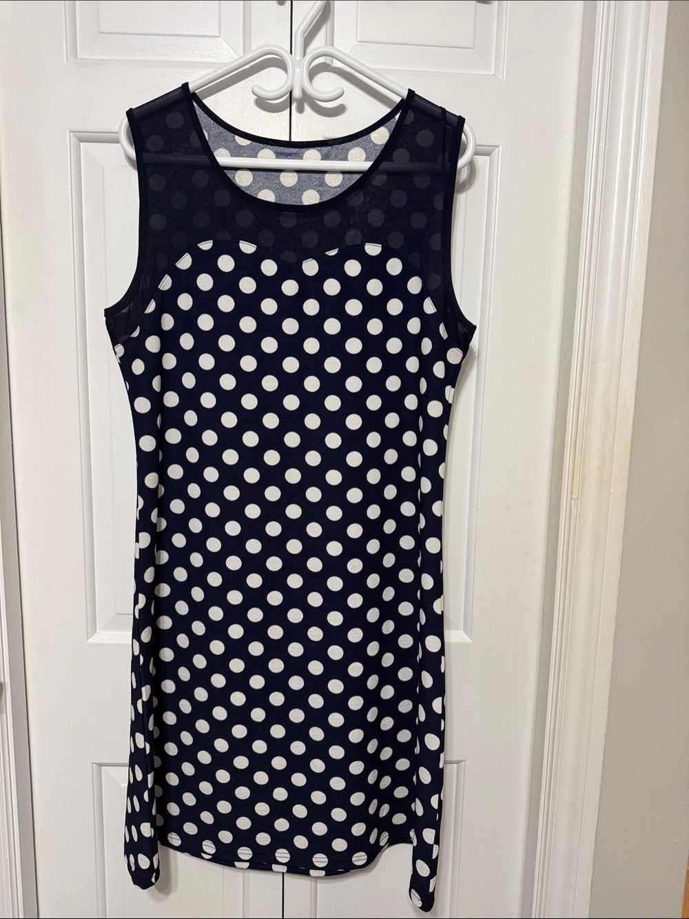 Women’s Polka Dot Sleeveless Shift Dress - Navy & White - Size L